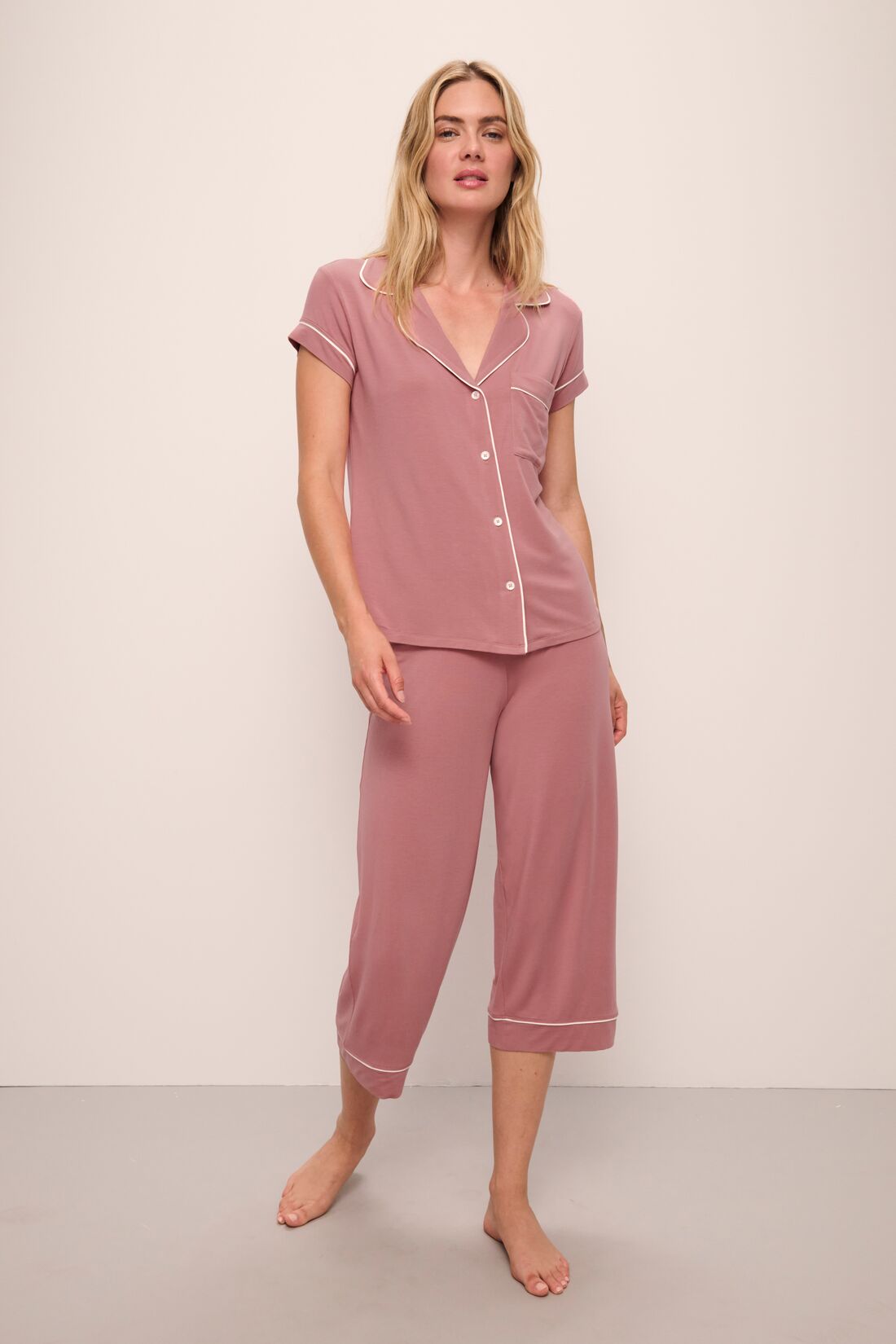 Model wears Gisele TENCEL™ Modal Short Sleeve Cropped PJ Set in Old Rose/Ivory.