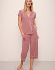 Model wears Gisele TENCEL™ Modal Short Sleeve Cropped PJ Set in Old Rose/Ivory.