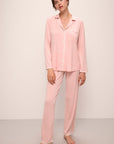 Model wears Frida TENCEL™ Modal Long PJ Set in silver pink/ivory.