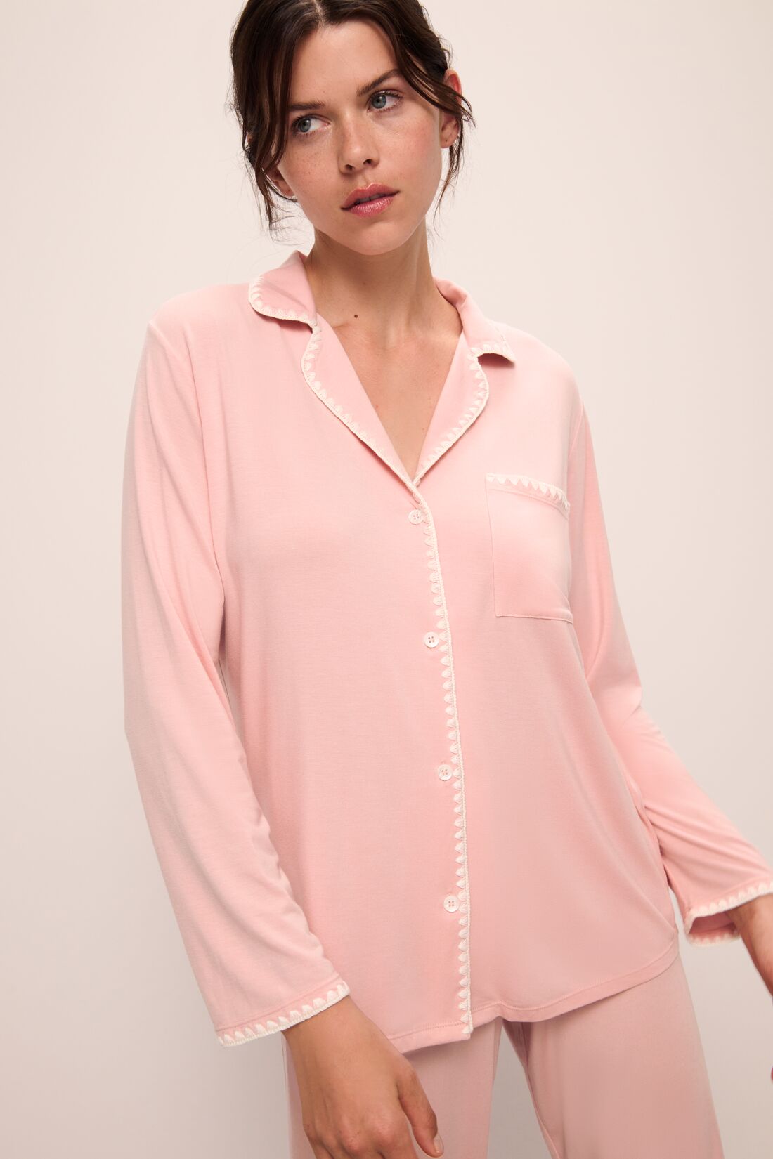 Model wears Frida TENCEL™ Modal Long PJ Set in Silver Pink/Ivory.