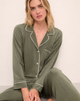 Model wears Gisele TENCEL™ Modal Long PJ Set in moss/ivory.