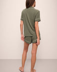 Model is Gisele TENCEL™ Modal Relaxed Short PJ Set in moss/ivory.