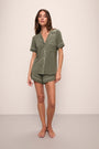 Model is Gisele TENCEL™ Modal Relaxed Short PJ Set in moss/ivory.