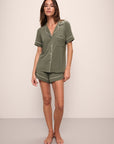 Model is Gisele TENCEL™ Modal Relaxed Short PJ Set in moss/ivory.