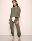 Model wears Gisele TENCEL™ Modal Slouchy PJ Set in moss/ivory.