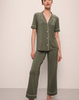 Model wears Gisele TENCEL™ Modal Short Sleeve & Pant PJ Set in moss/ivory.