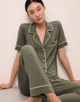 Model wears Gisele TENCEL™ Modal Short Sleeve & Pant PJ Set in moss/ivory.