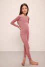 Model wears Kids TENCEL™ Modal Unisex Long PJ Set in Old Rose/Ivory.