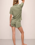 Model wears Gisele TENCEL™ Modal Rib Relaxed Short PJ Set in tea.