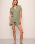 Model wears Gisele TENCEL™ Modal Rib Relaxed Short PJ Set in tea.