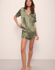 Model wears Inez Washable Silk Printed Short PJ Set in Classic Stripe Moss/Moss.