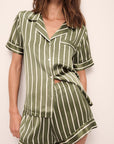 Model wears Inez Washable Silk Printed Short PJ Set in Classic Stripe Moss/Moss.