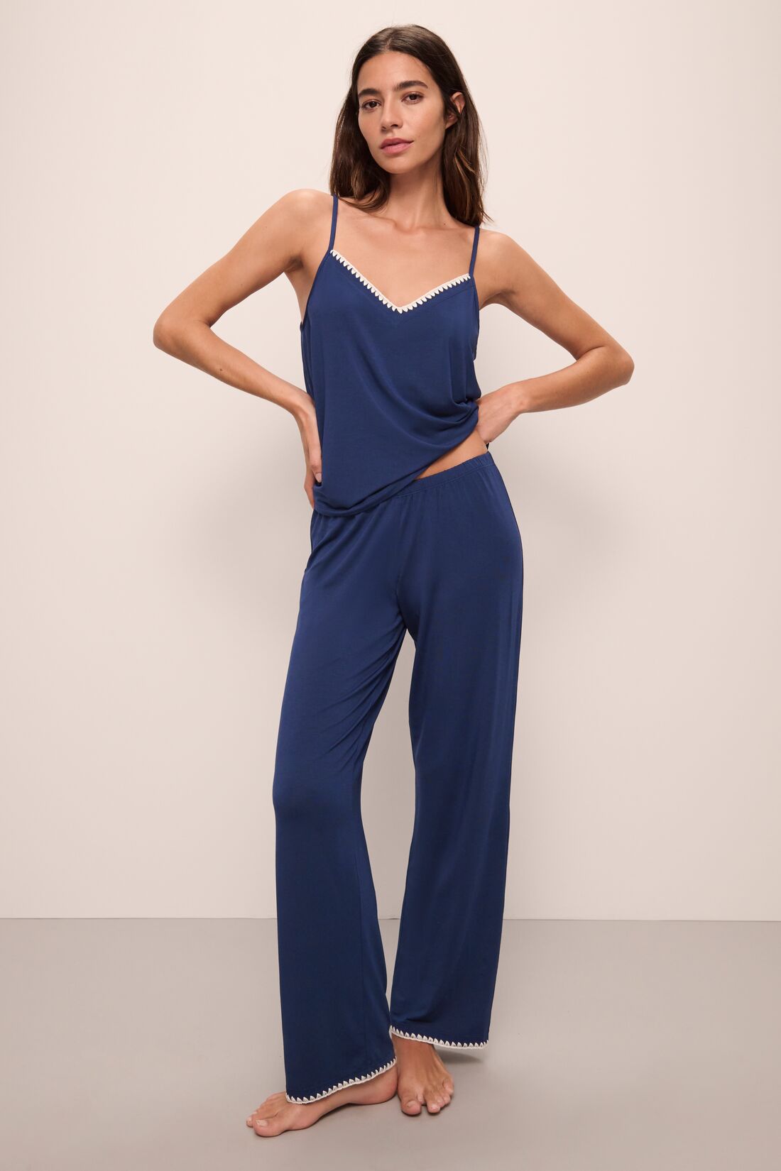 Model wears Frida TENCEL™ Modal Cami & Pant PJ Set in Navy/Ivory.