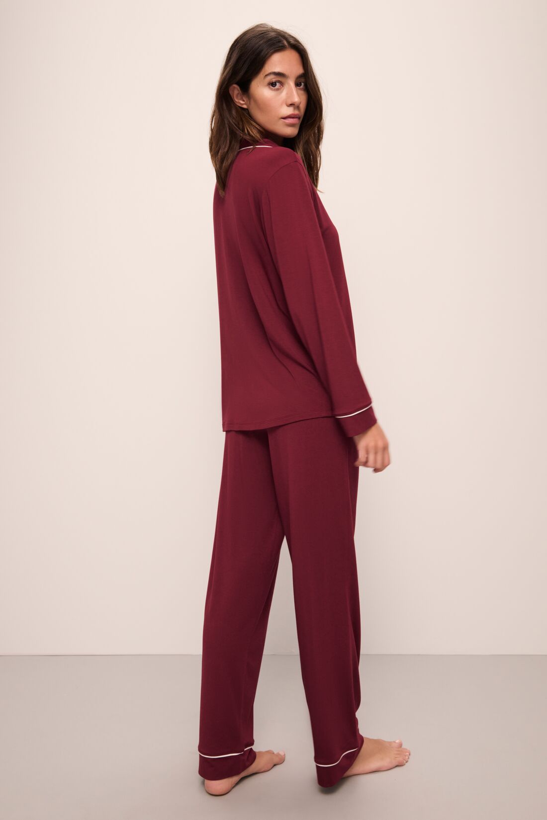 Model wears Gisele TENCEL™ Modal Long PJ Set in Cabernet/Ivory/