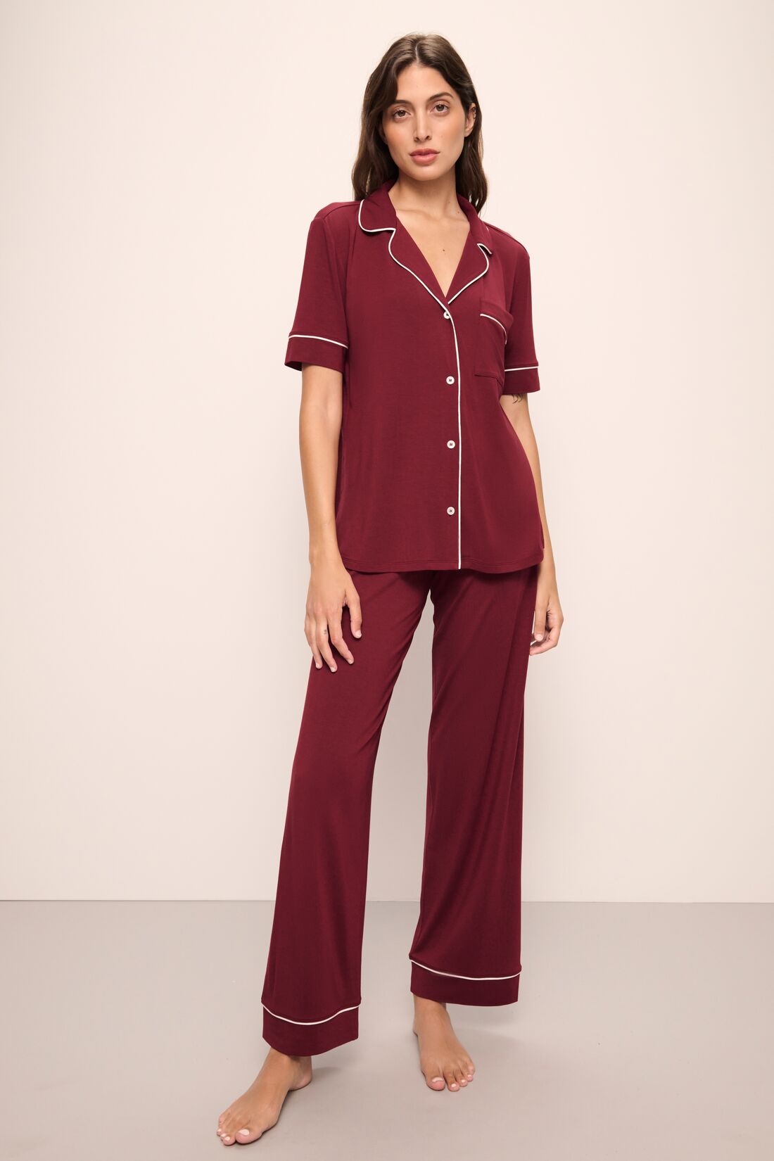 Model wears Gisele TENCEL™ Modal Short Sleeve &amp; Pant PJ Set in Cabernet/Ivory.