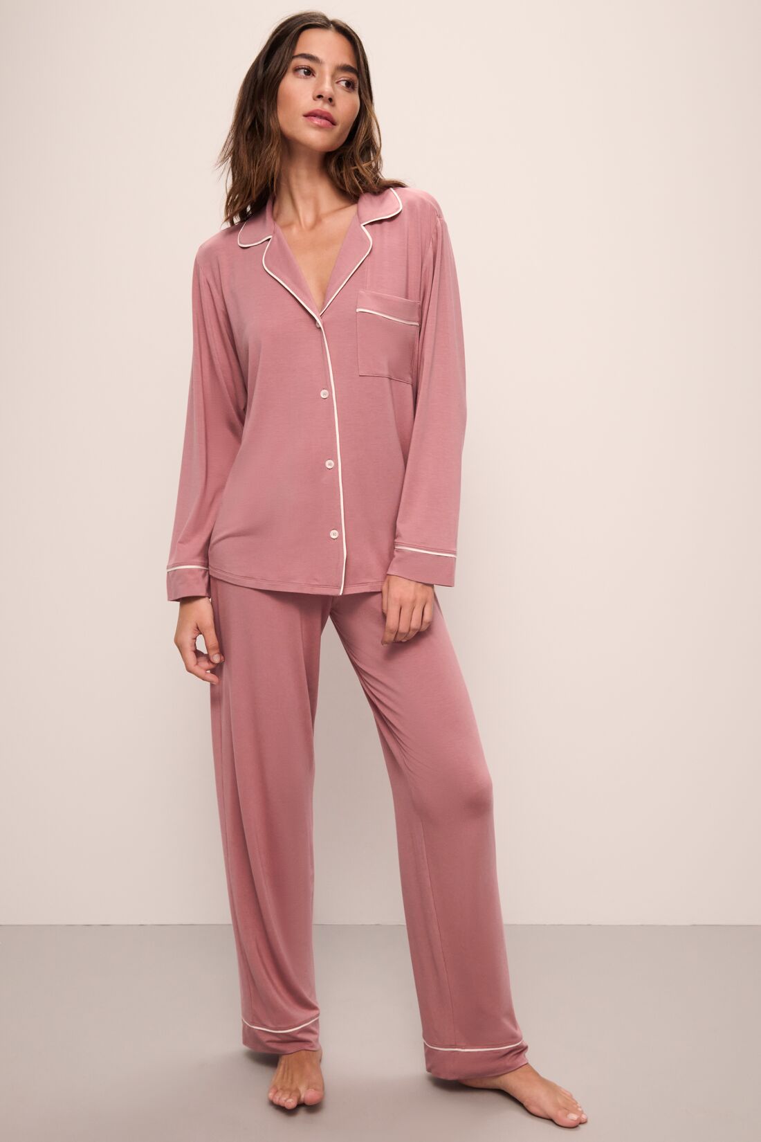 Model wears Gisele TENCEL™ Modal Long PJ Set in Old Rose/Ivory.