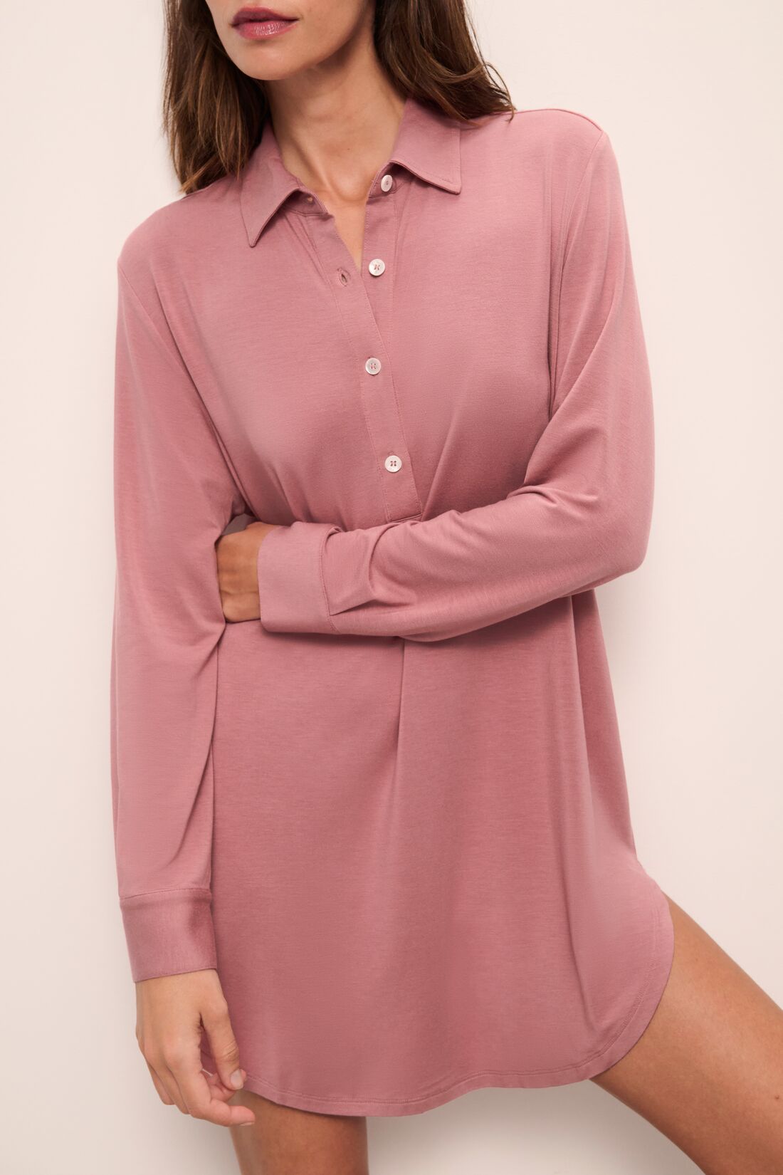 Model wears Gisele TENCEL™ Modal Boyfriend Sleepshirt in Old Rose.