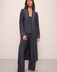 Model wears Gisele Printed TENCEL™ Modal Long Robe in Duo Stripe True Navy/Ivory.