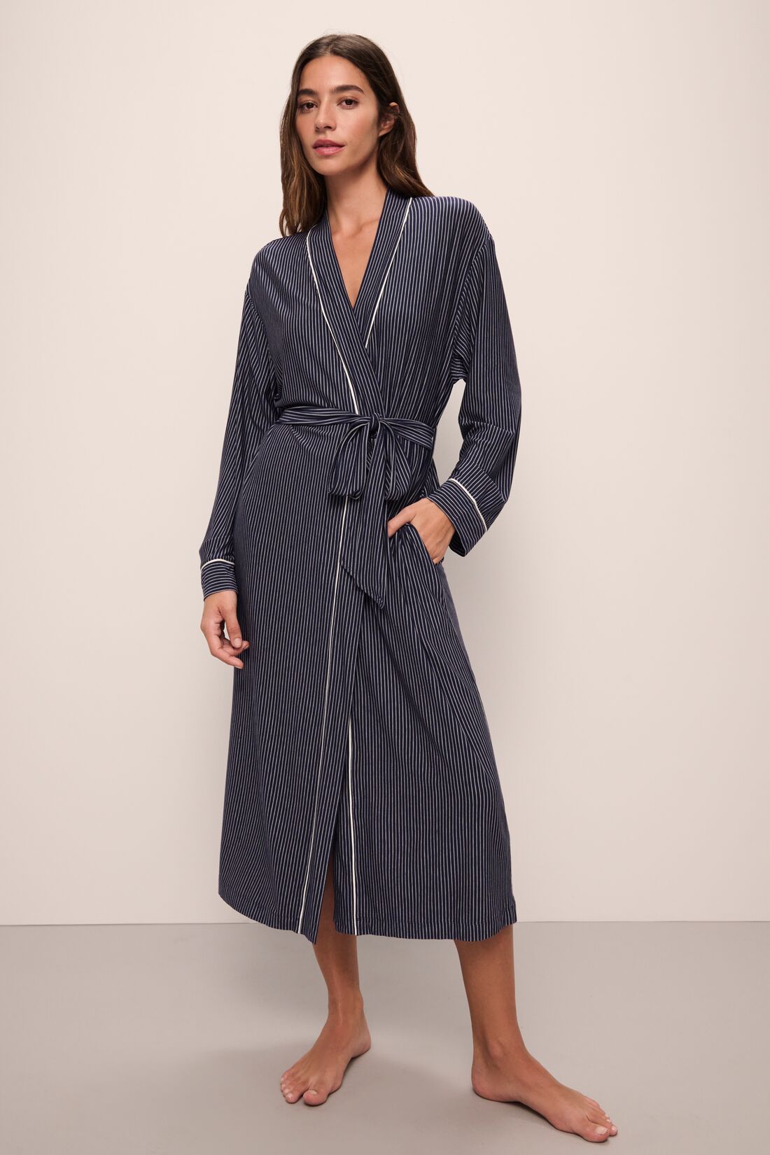 Model wears Gisele Printed TENCEL™ Modal Long Robe in Duo Stripe True Navy/Ivory.