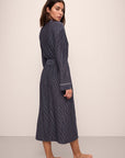 Model wears Gisele Printed TENCEL™ Modal Long Robe in Duo Stripe True Navy/Ivory.