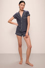 Model wears Gisele Printed TENCEL™ Modal Shortie Short PJ Set in Duo Stripe True Navy/Ivory.