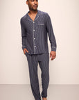 Model wears William Printed TENCEL™ Modal Long PJ Set in Duo Stripe True Navy/Ivory.