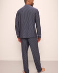 Model wears William Printed TENCEL™ Modal Long PJ Set in Duo Stripe True Navy/Ivory.