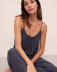 Model wears Gisele Printed TENCEL™ Modal Cami & Pant PJ Set in Duo Stripe True Navy.