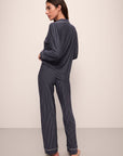 Model wears Gisele Printed TENCEL™ Modal Long PJ Set in Duo Stripe True Navy/Ivory.