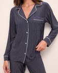 Model wears Gisele Printed TENCEL™ Modal Long PJ Set in Duo Stripe True Navy/Ivory.