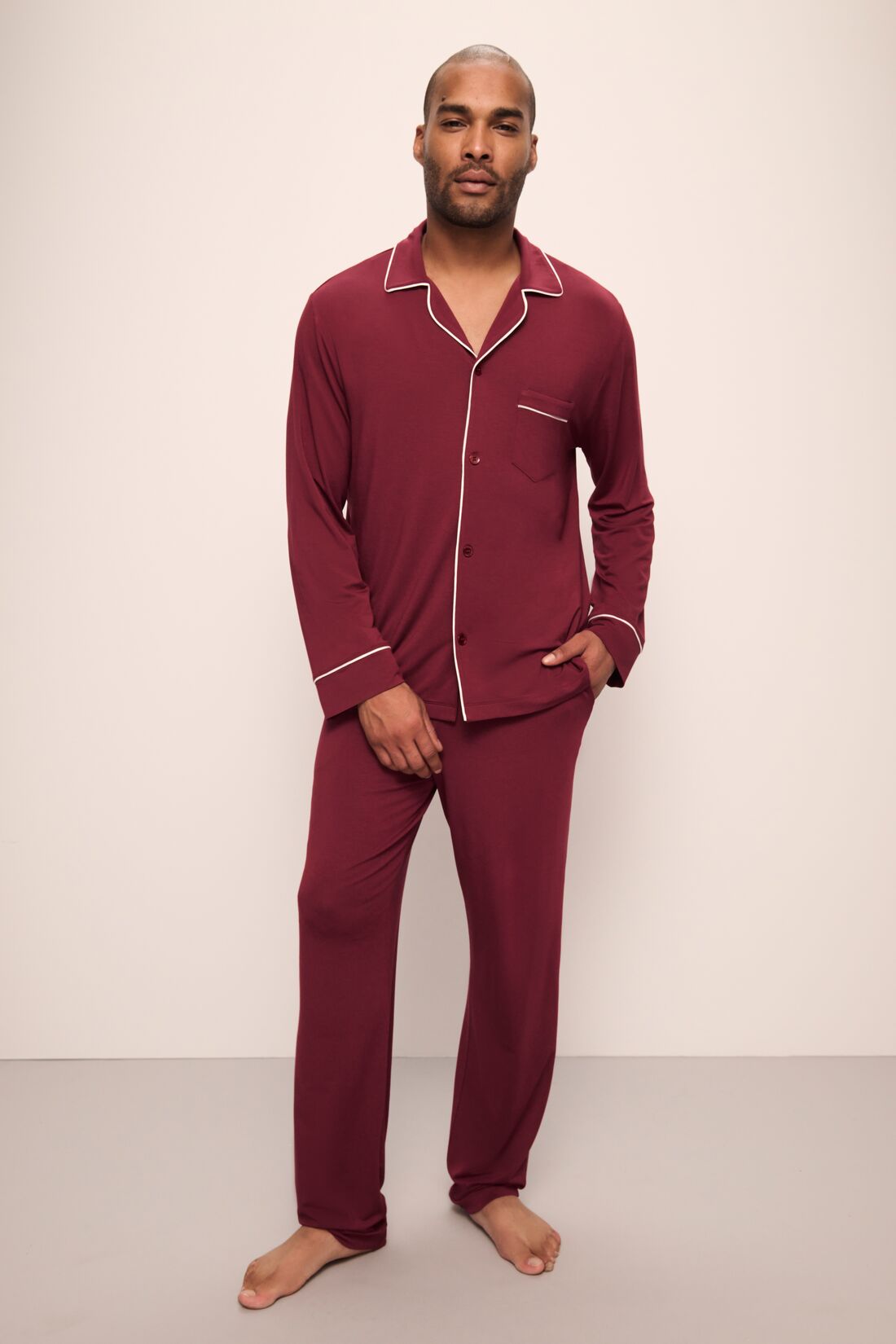 Model wears William TENCEL™ Modal Long PJ Set in Cabernet/Ivory.