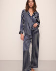 Model wears Inez Washable Silk Printed Long PJ Set in Classic Stripe Navy/Ivory.