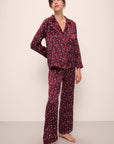 Model wears Inez Washable Silk Printed Long PJ Set in Winter Bloom Cabernet/Navy.