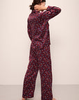 Model wears Inez Washable Silk Printed Long PJ Set in Winter Bloom Cabernet/Navy.