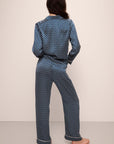 Model wears Inez Washable Silk Printed Long PJ Set in Petite Batik Indigo Blue/Bone.