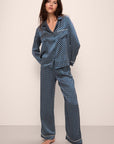 Model wears Inez Washable Silk Printed Long PJ Set in Petite Batik Indigo Blue/Bone.