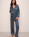 Model wears Inez Washable Silk Printed Long PJ Set in Petite Batik Indigo Blue/Bone.