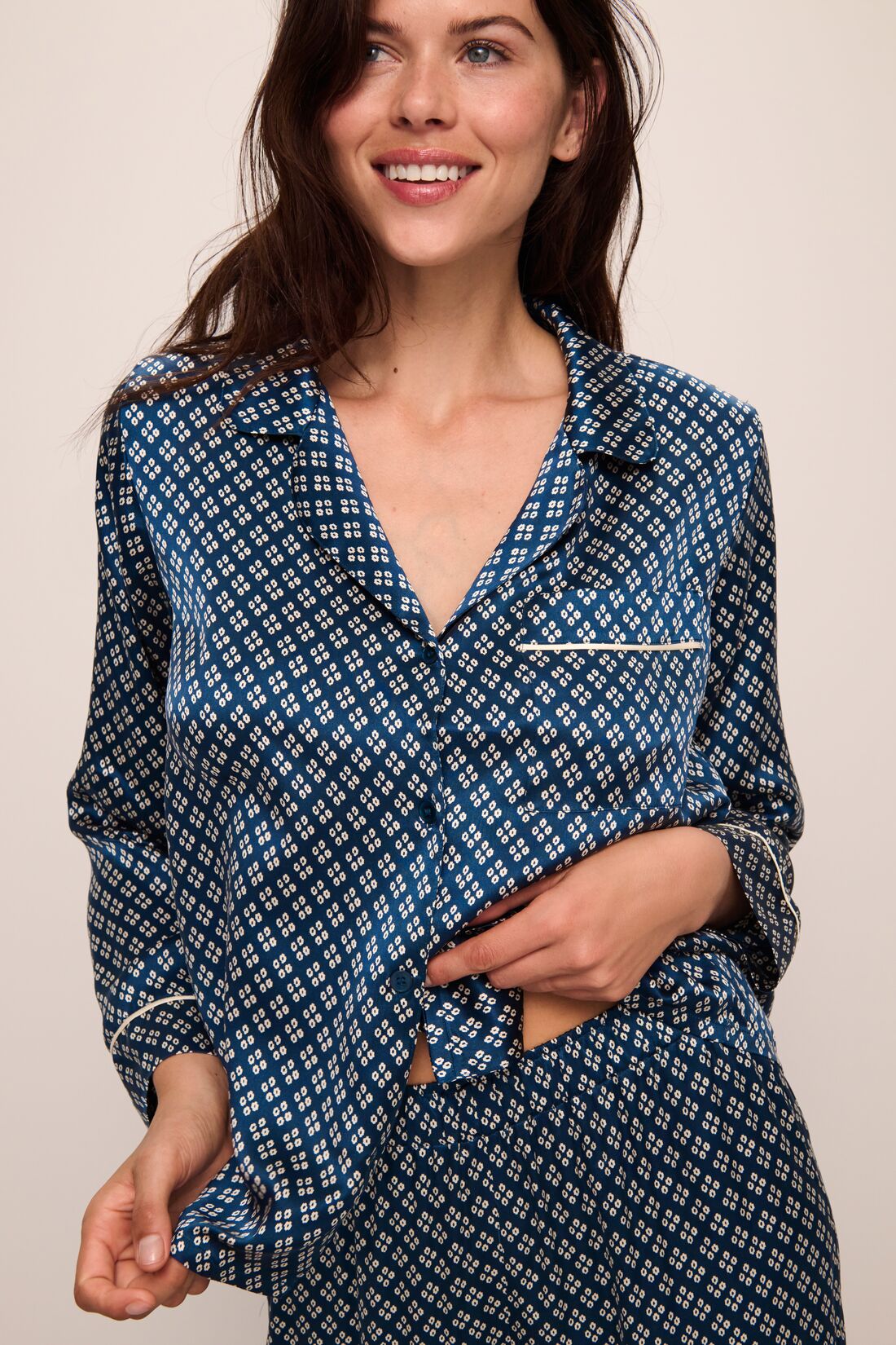 Model wears Inez Washable Silk Printed Long PJ Set in petite batik print.