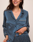 Model wears Inez Washable Silk Printed Long PJ Set in Petite Batik Indigo Blue/Bone.