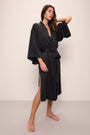 Model wears Inez Washable Silk Robe in Black.