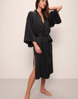 Model wears Inez Washable Silk Robe in Black.