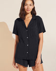 Model wears Gisele TENCEL™ Modal Rib Relaxed Short PJ Set in Black.