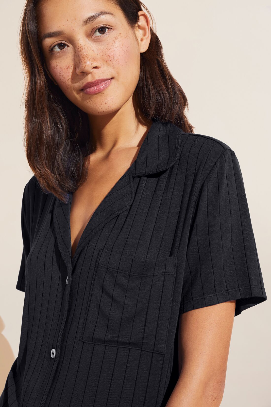 Model wears Gisele TENCEL™ Modal Rib Relaxed Short PJ Set in Black.