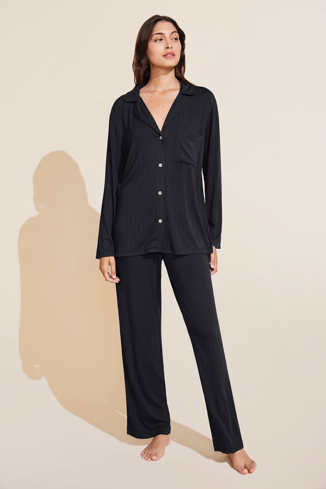 Model wears Gisele TENCEL™ Modal Rib Long PJ Set in Black.