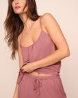Model is wearing Gisele TENCEL™ Modal Cami & Pant PJ Set  in  Berry Blush