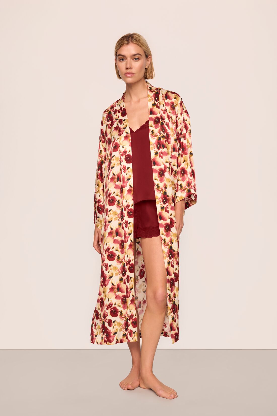 Model is wearing Inez Washable Silk Long Robe in Botanical Flower Merlot