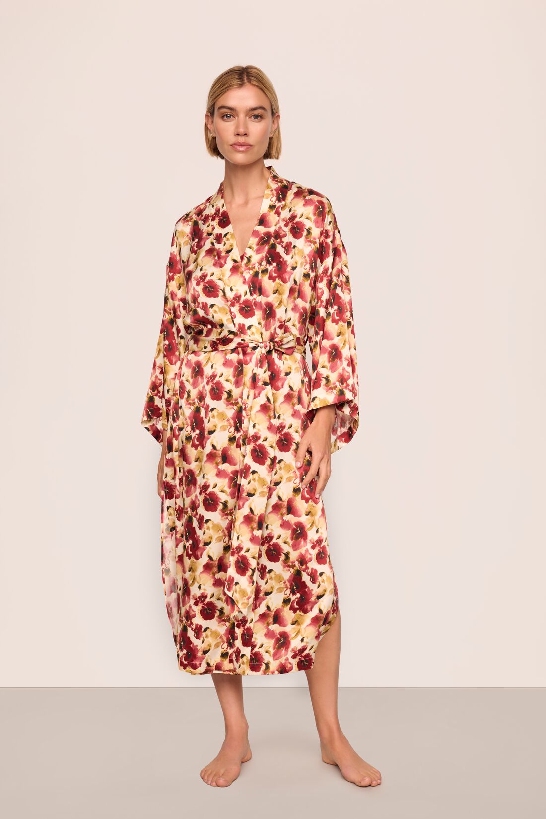 Model is wearing Inez Washable Silk Long Robe in Botanical Flower Merlot