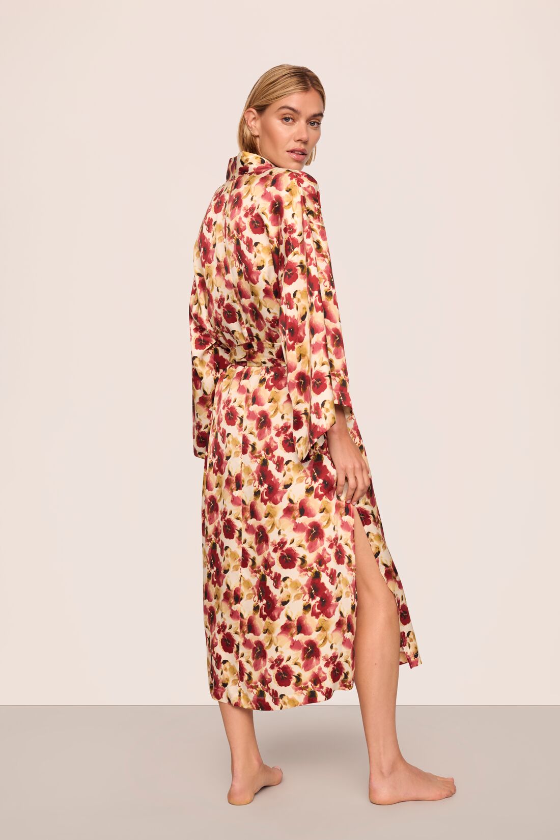 Model is wearing Inez Washable Silk Long Robe in Botanical Flower Merlot