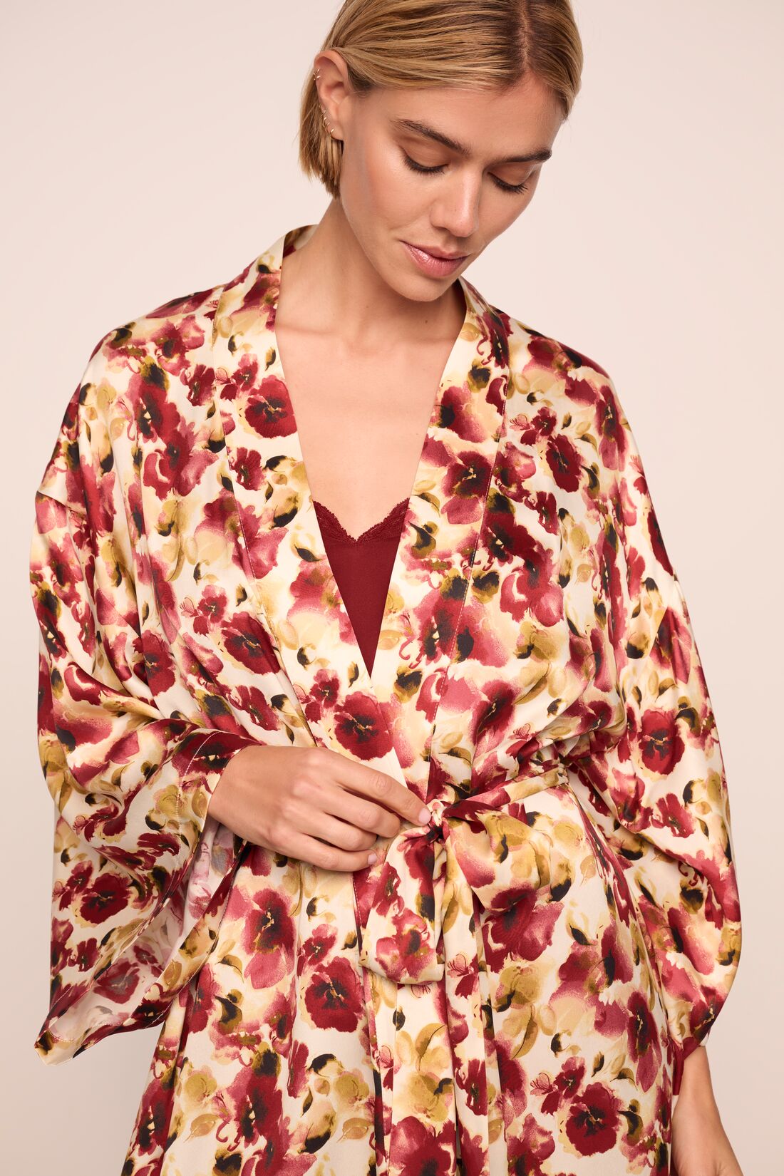 Model is wearing Inez Washable Silk Long Robe in Botanical Flower Merlot