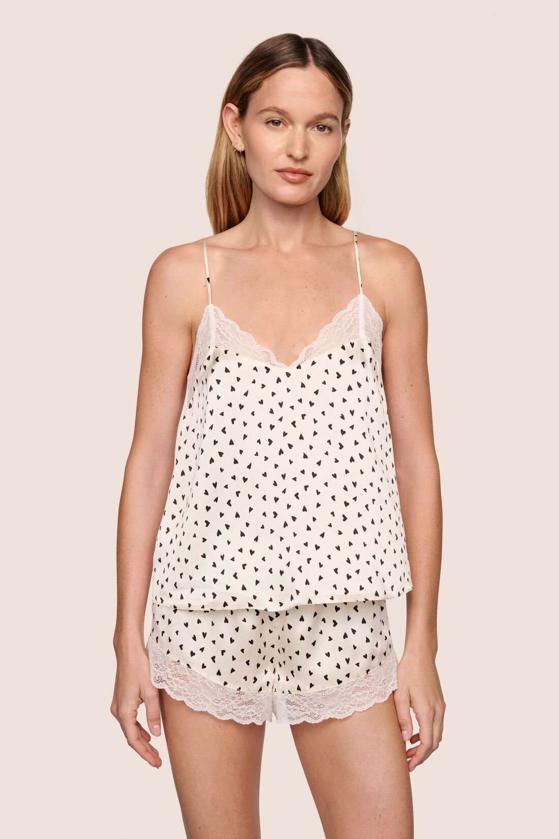 Model is wearing Washable Silk Printed Lace Cami & Short Set in Heart to Heart Black/Ivory